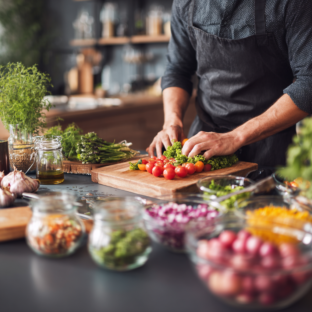 Happy middle-aged Ukrainian woman smiling while preparing healthy colorful vegetables in a bright modern kitchen