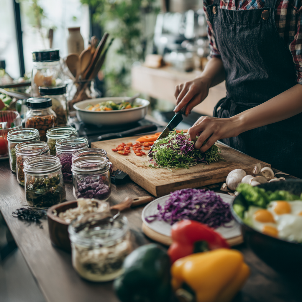 Smiling elderly Ukrainian man holding a bowl of fresh mixed nuts and seeds while sitting at a wooden dining table